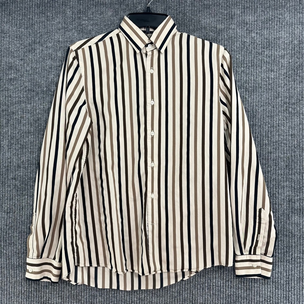 Zara Button Down Shirt Women Small Brown Black Striped Regular Fit Excellent